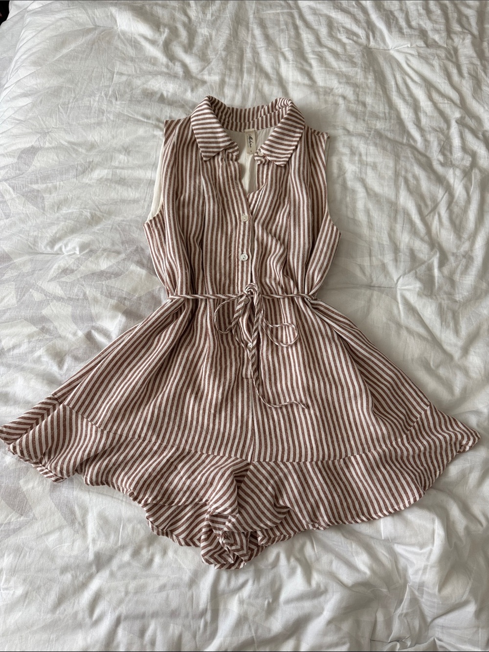 Mahina Women’s Brown and White Striped Sleeveless Tie-Waist Romper - Size S